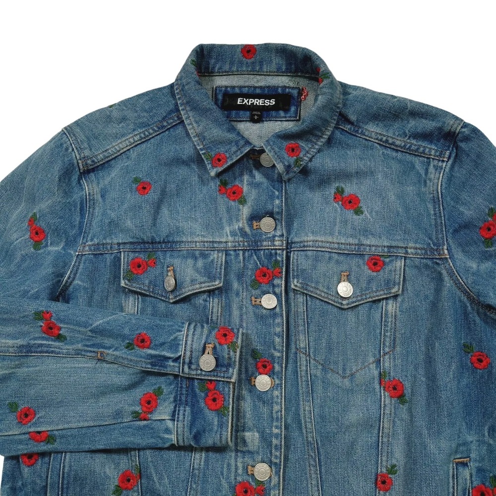 Express Jean Jacket Womens L Embroidered Roses All Over Blue Denim